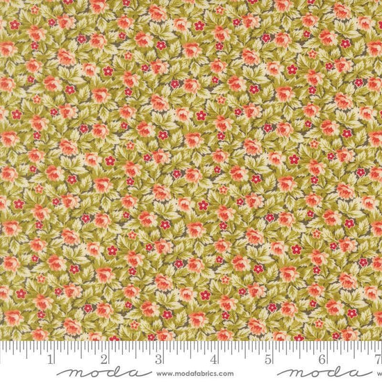 Image of Butternut and Sage Mums and Posies Sage quilting cotton fabric by Fig Tree Co for Moda Fabrics. Features flowers on a green background. Cute Little Fabric Shop.