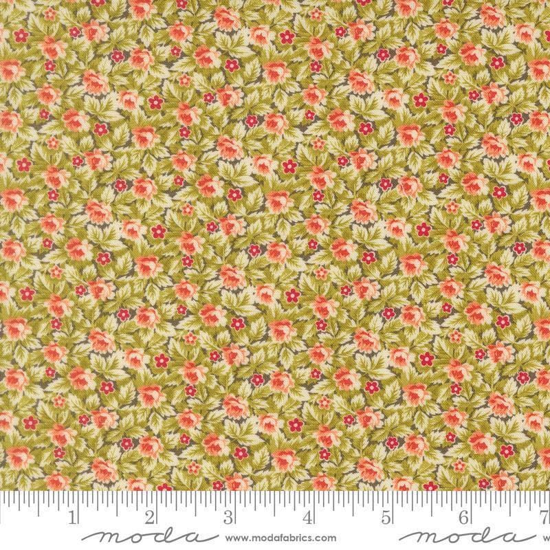 Image of Butternut and Sage Mums and Posies Sage quilting cotton fabric by Fig Tree Co for Moda Fabrics. Features flowers on a green background. Cute Little Fabric Shop.