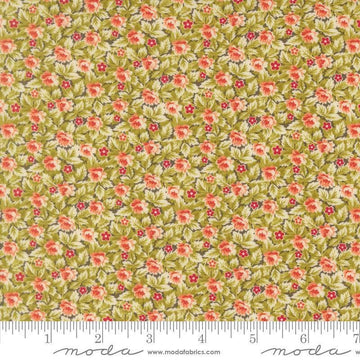 Image of Butternut and Sage Mums and Posies Sage quilting cotton fabric by Fig Tree Co for Moda Fabrics. Features flowers on a green background. Cute Little Fabric Shop.