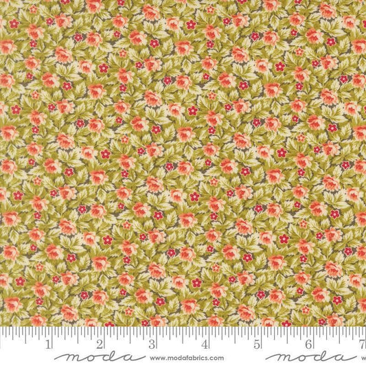 Image of Butternut and Sage Mums and Posies Sage quilting cotton fabric by Fig Tree Co for Moda Fabrics. Features flowers on a green background. Cute Little Fabric Shop.