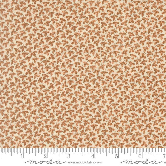 Image of Butternut and Sage Fall Foliage Cinnamon quilting cotton fabric by Fig Tree Co for Moda Fabrics. Features leaves on a brown background. Cute Little Fabric Shop.
