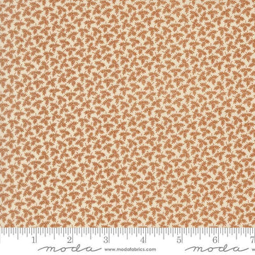 Image of Butternut and Sage Fall Foliage Cinnamon quilting cotton fabric by Fig Tree Co for Moda Fabrics. Features leaves on a brown background. Cute Little Fabric Shop.