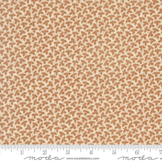 Image of Butternut and Sage Fall Foliage Cinnamon quilting cotton fabric by Fig Tree Co for Moda Fabrics. Features leaves on a brown background. Cute Little Fabric Shop.