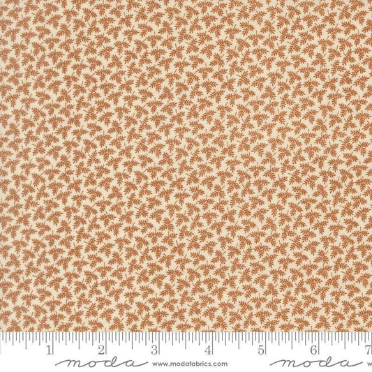 Image of Butternut and Sage Fall Foliage Cinnamon quilting cotton fabric by Fig Tree Co for Moda Fabrics. Features leaves on a brown background. Cute Little Fabric Shop.