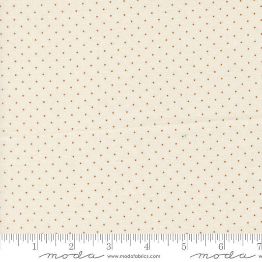 Image of Butternut and Sage Pindot Cream Cinnamon quilting cotton fabric by Fig Tree Co for Moda Fabrics. Features polka dots on a cream background. Cute Little Fabric Shop.