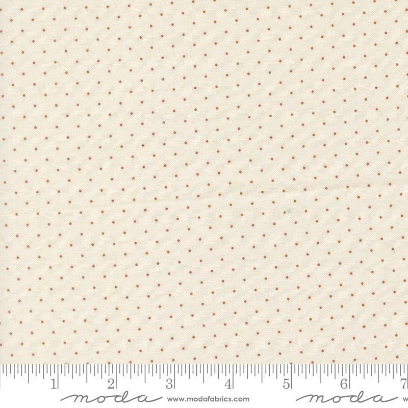 Image of Butternut and Sage Pindot Cream Cinnamon quilting cotton fabric by Fig Tree Co for Moda Fabrics. Features polka dots on a cream background. Cute Little Fabric Shop.