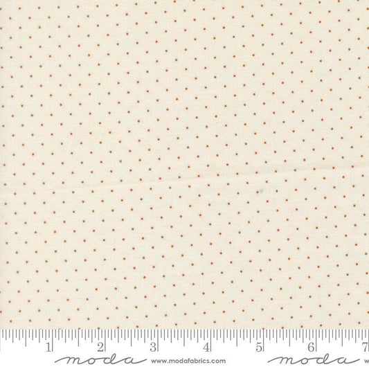 Image of Butternut and Sage Pindot Cream Cinnamon quilting cotton fabric by Fig Tree Co for Moda Fabrics. Features polka dots on a cream background. Cute Little Fabric Shop.