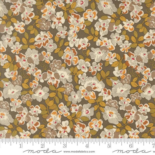 Image of Butternut and Sage Fields of Flowers Earth quilting cotton fabric by Fig Tree Co for Moda Fabrics. Features flowers on a gray brown background. Cute Little Fabric Shop.