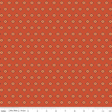 Image of Cozy Autumn Tiny Acorns Rusty quilting cotton fabric by Beverly McCullough for Riley Blake Designs. Features tiny acorns on an orange background. Cute Little Fabric Shop.