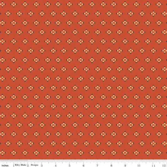 Image of Cozy Autumn Tiny Acorns Rusty quilting cotton fabric by Beverly McCullough for Riley Blake Designs. Features tiny acorns on an orange background. Cute Little Fabric Shop.