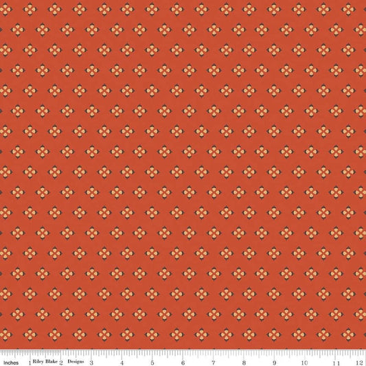 Image of Cozy Autumn Tiny Acorns Rusty quilting cotton fabric by Beverly McCullough for Riley Blake Designs. Features tiny acorns on an orange background. Cute Little Fabric Shop.