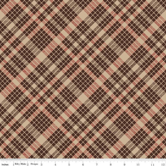Image of Cozy Autumn Plaid Brown quilting cotton fabric by Beverly McCullough for Riley Blake Designs. Features plaid on a brown background. Cute Little Fabric Shop.