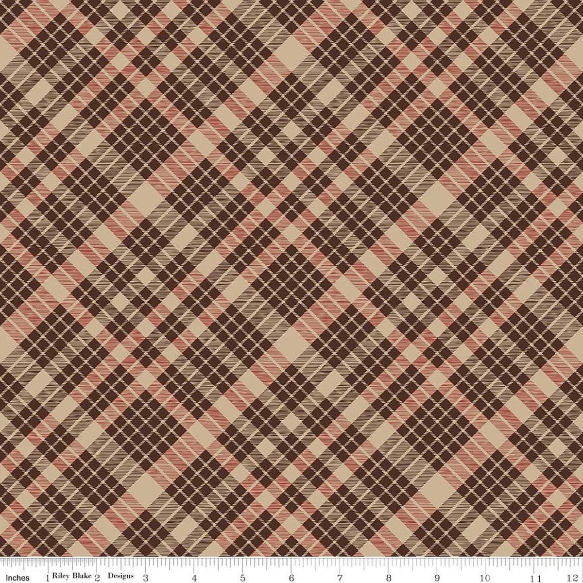Image of Cozy Autumn Plaid Brown quilting cotton fabric by Beverly McCullough for Riley Blake Designs. Features plaid on a brown background. Cute Little Fabric Shop.