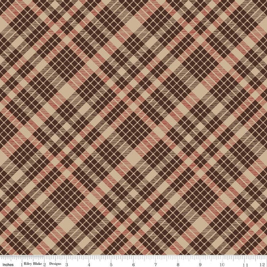 Image of Cozy Autumn Plaid Brown quilting cotton fabric by Beverly McCullough for Riley Blake Designs. Features plaid on a brown background. Cute Little Fabric Shop.