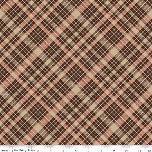Image of Cozy Autumn Plaid Brown quilting cotton fabric by Beverly McCullough for Riley Blake Designs. Features plaid on a brown background. Cute Little Fabric Shop.