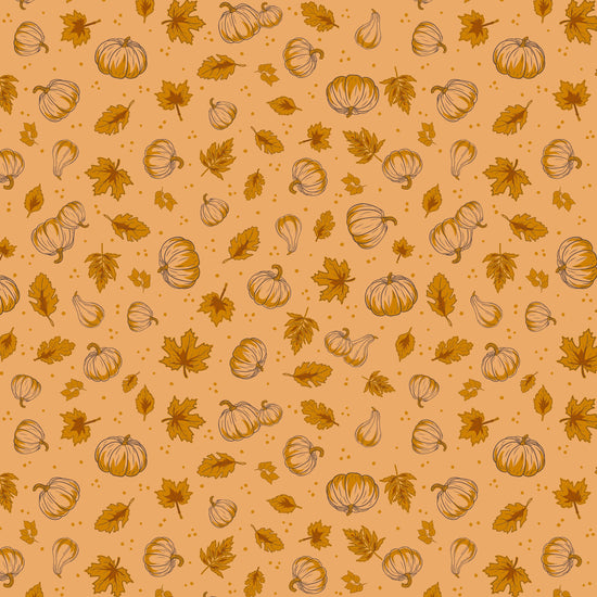 Image of Cozy Autumn Pumpkins Daisy quilting cotton fabric by Beverly McCullough for Riley Blake Designs. Features pumpkins and leaves on a yellow orange background. Cute Little Fabric Shop.