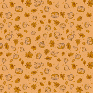 Image of Cozy Autumn Pumpkins Daisy quilting cotton fabric by Beverly McCullough for Riley Blake Designs. Features pumpkins and leaves on a yellow orange background. Cute Little Fabric Shop.