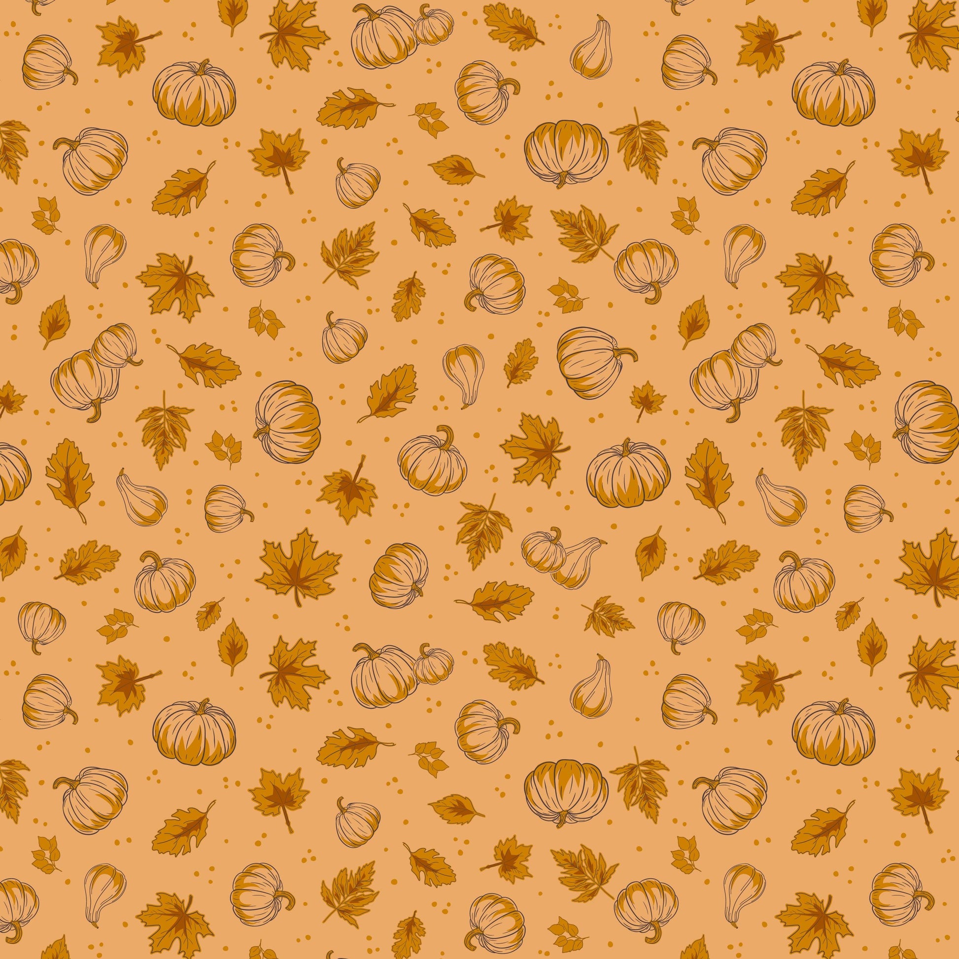 Image of Cozy Autumn Pumpkins Daisy quilting cotton fabric by Beverly McCullough for Riley Blake Designs. Features pumpkins and leaves on a yellow orange background. Cute Little Fabric Shop.