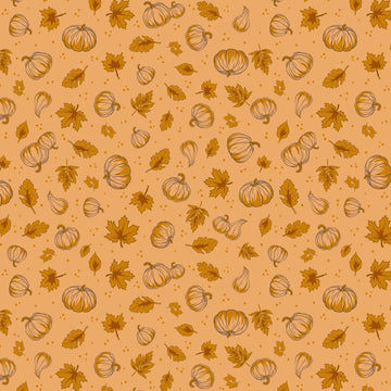 Image of Cozy Autumn Pumpkins Daisy quilting cotton fabric by Beverly McCullough for Riley Blake Designs. Features pumpkins and leaves on a yellow orange background. Cute Little Fabric Shop.