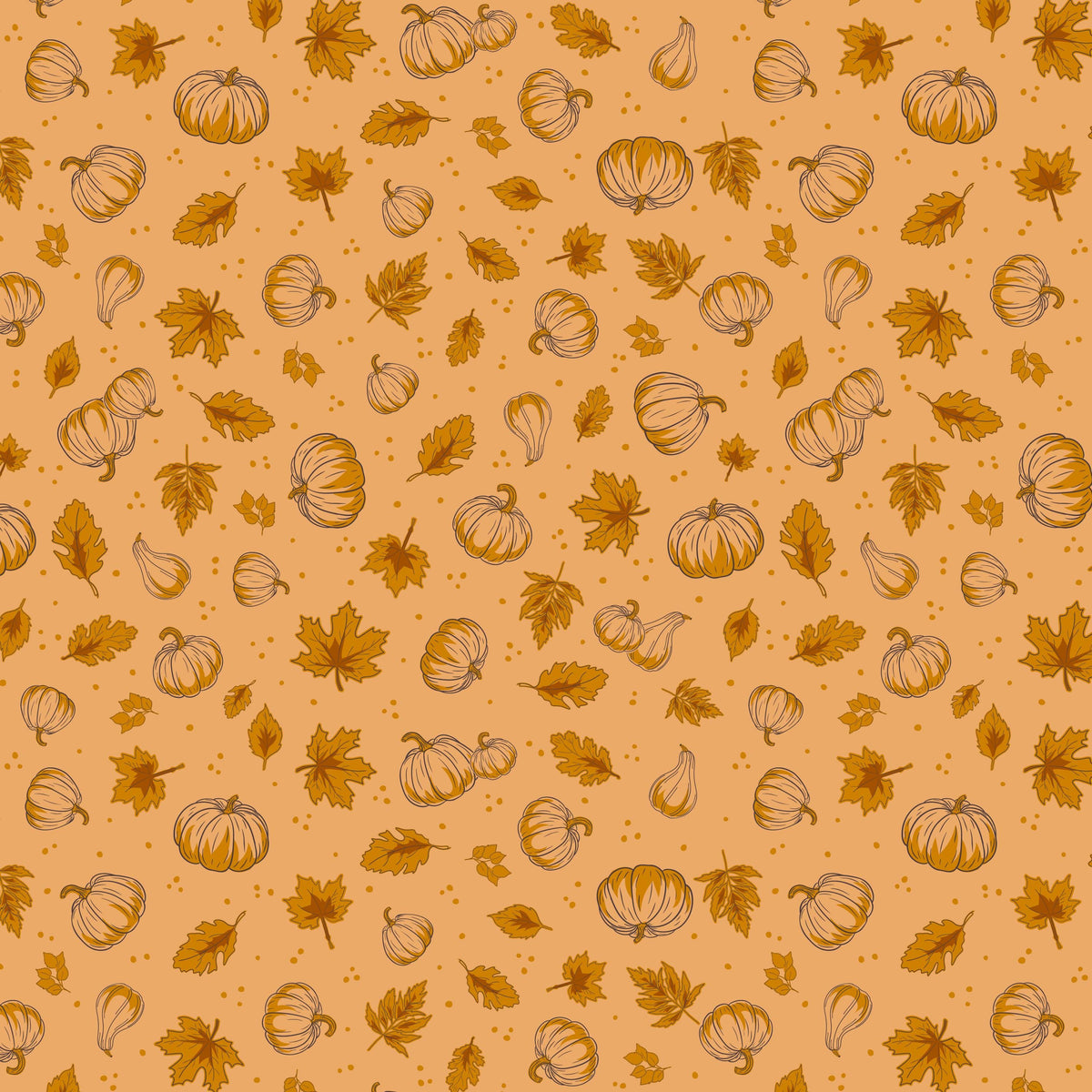 Image of Cozy Autumn Pumpkins Daisy quilting cotton fabric by Beverly McCullough for Riley Blake Designs. Features pumpkins and leaves on a yellow orange background. Cute Little Fabric Shop.