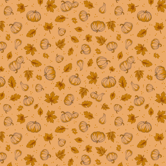Image of Cozy Autumn Pumpkins Daisy quilting cotton fabric by Beverly McCullough for Riley Blake Designs. Features pumpkins and leaves on a yellow orange background. Cute Little Fabric Shop.