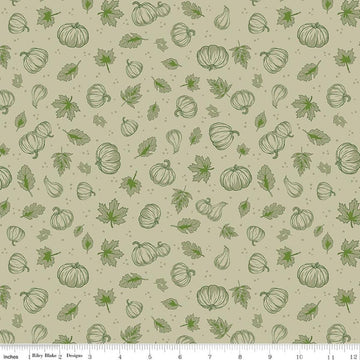 Image of Cozy Autumn Pumpkins Meadow quilting cotton fabric by Beverly McCullough for Riley Blake Designs. Features pumpkins and leaves on a green background. Cute Little Fabric Shop.