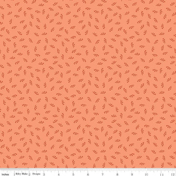 Image of Cozy Autumn Vines Melon quilting cotton fabric by Beverly McCullough for Riley Blake Designs. Features leaves on a pinky orange background. Cute Little Fabric Shop.