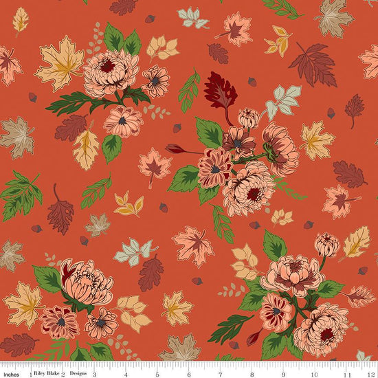 Image of Cozy Autumn Main Rusty quilting cotton fabric by Beverly McCullough for Riley Blake Designs. Features flowers on an orange background. Cute Little Fabric Shop.