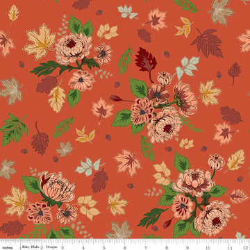 Image of Cozy Autumn Main Rusty quilting cotton fabric by Beverly McCullough for Riley Blake Designs. Features flowers on an orange background. Cute Little Fabric Shop.