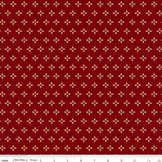 Image of Cozy Autumn Tiny Acorns Mahogany quilting cotton fabric by Beverly McCullough for Riley Blake Designs. Features tiny acorns on a red background. Cute Little Fabric Shop.