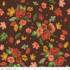 Image of Cozy Autumn Main Brown quilting cotton fabric by Beverly McCullough for Riley Blake Designs. Features flowers on a brown background. Cute Little Fabric Shop.