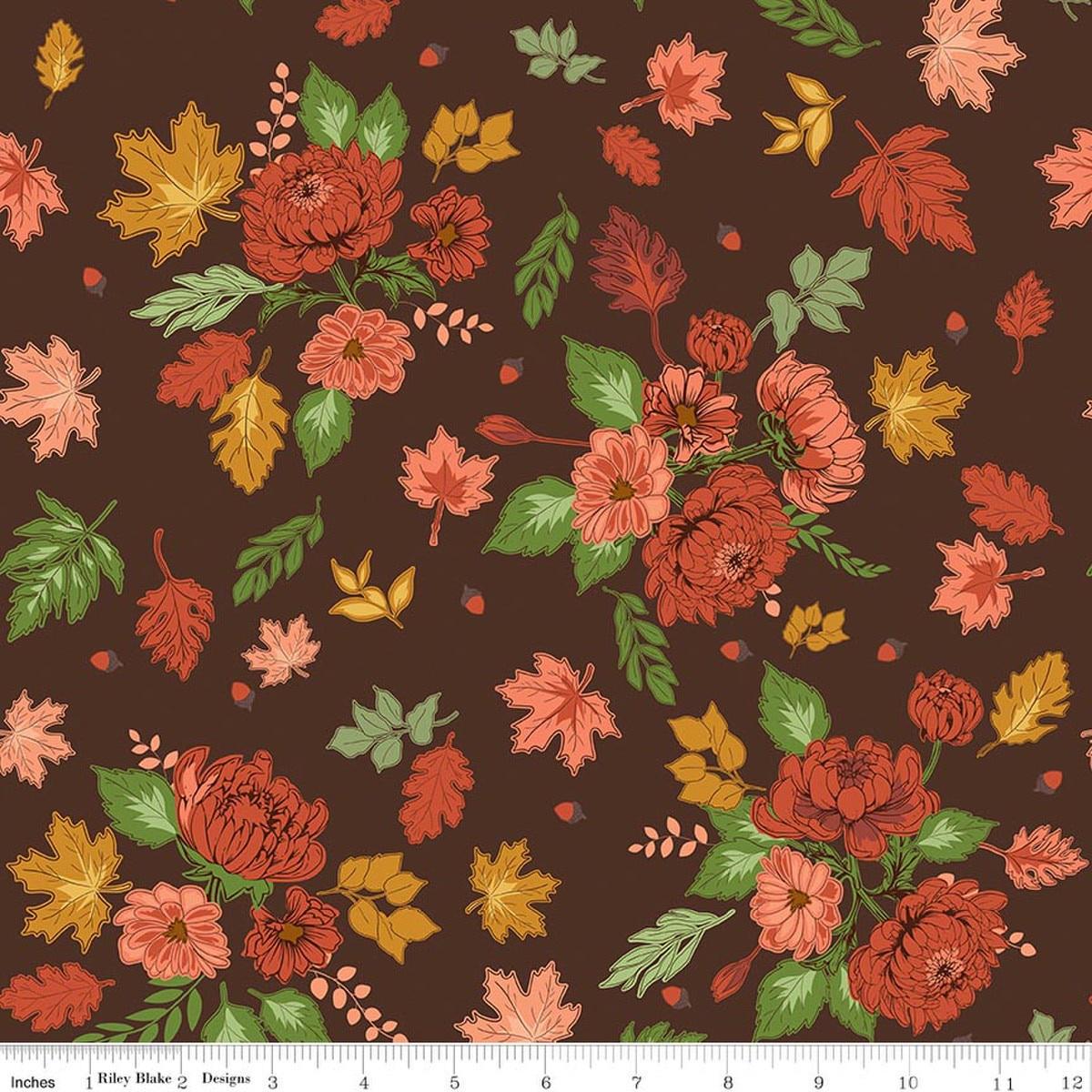 Image of Cozy Autumn Main Brown quilting cotton fabric by Beverly McCullough for Riley Blake Designs. Features flowers on a brown background. Cute Little Fabric Shop.