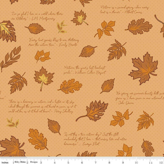 Image of Cozy Autumn Quotes Daisy quilting cotton fabric by Beverly McCullough for Riley Blake Designs. Features leaves and quotes on an orange background. Cute Little Fabric Shop.