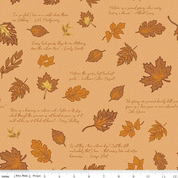 Image of Cozy Autumn Quotes Daisy quilting cotton fabric by Beverly McCullough for Riley Blake Designs. Features leaves and quotes on an orange background. Cute Little Fabric Shop.