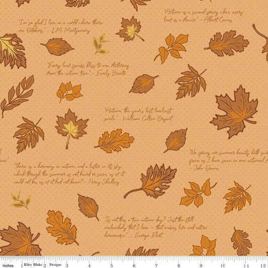 Image of Cozy Autumn Quotes Daisy quilting cotton fabric by Beverly McCullough for Riley Blake Designs. Features leaves and quotes on an orange background. Cute Little Fabric Shop.