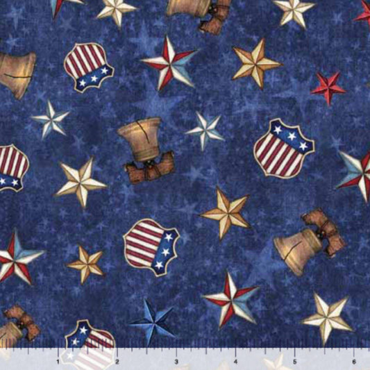 3-Yard Cut - American Spirit Liberty Bell and Stars Dark Blue Patriotic Fabric 108" WIDEBACK - 30130 - QT Fabrics Quilting Cotton Fabric