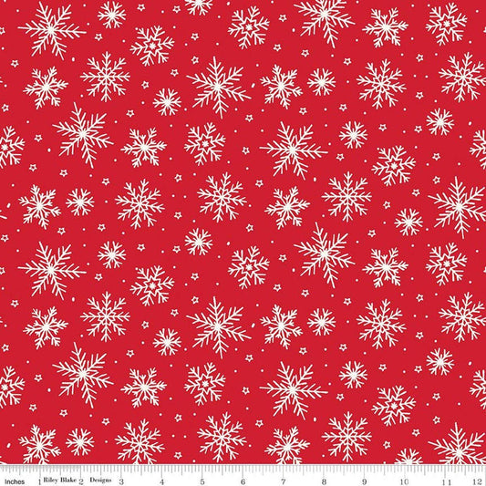 Flannel The North Pole Snowflakes Tomato Red Christmas Fabric - F17752 - Riley Blake FLANNEL Cotton Fabric