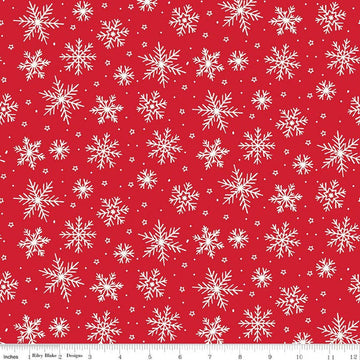 Flannel The North Pole Snowflakes Tomato Red Christmas Fabric - F17752 - Riley Blake FLANNEL Cotton Fabric