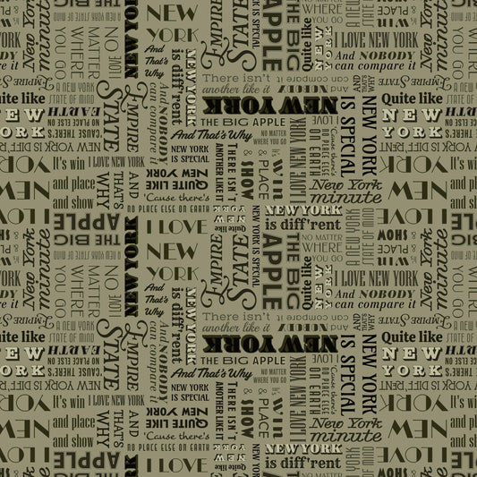 I Love New York New York State Song Sepia Green Word Fabric - C16073 - Riley Blake Quilting Cotton Fabric