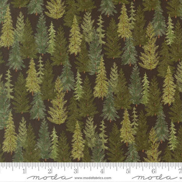 Image of Northwoods Lodge Tree Line Soil quilting cotton fabric by Deb Strain for Moda Fabrics. Features trees on a brown background. Cute Little Fabric Shop.