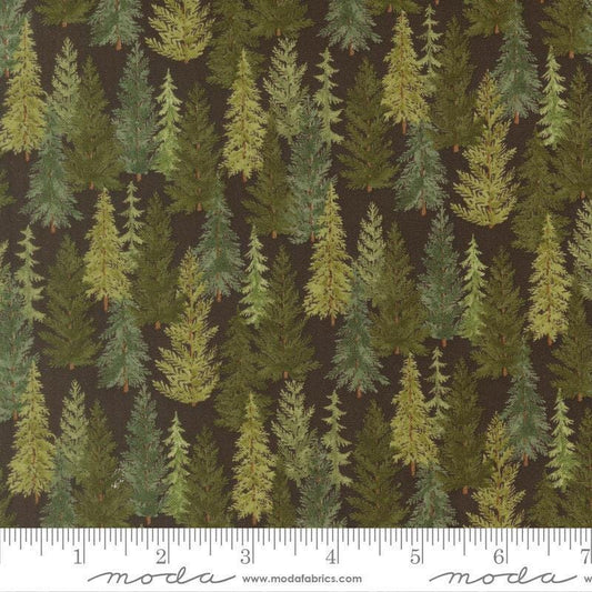 Image of Northwoods Lodge Tree Line Soil quilting cotton fabric by Deb Strain for Moda Fabrics. Features trees on a brown background. Cute Little Fabric Shop.