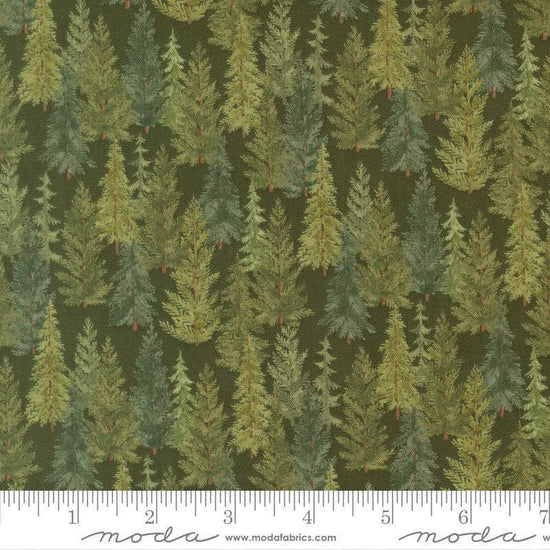 Image of Northwoods Lodge Tree Line Pine quilting cotton fabric by Deb Strain for Moda Fabrics. Features trees on a green background. Cute Little Fabric Shop.