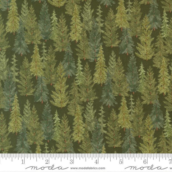 Image of Northwoods Lodge Tree Line Pine quilting cotton fabric by Deb Strain for Moda Fabrics. Features trees on a green background. Cute Little Fabric Shop.