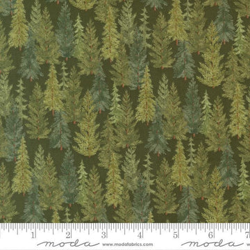 Image of Northwoods Lodge Tree Line Pine quilting cotton fabric by Deb Strain for Moda Fabrics. Features trees on a green background. Cute Little Fabric Shop.