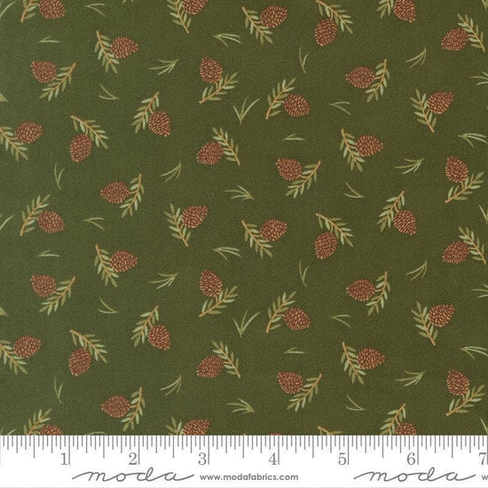 Image of Northwoods Lodge Tossed Pinecones Pine quilting cotton fabric by Deb Strain for Moda Fabrics. Features plants on a green background. Cute Little Fabric Shop.