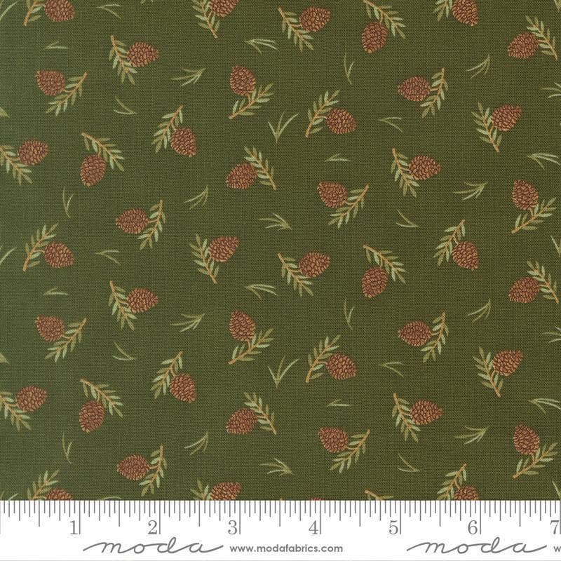 Image of Northwoods Lodge Tossed Pinecones Pine quilting cotton fabric by Deb Strain for Moda Fabrics. Features plants on a green background. Cute Little Fabric Shop.