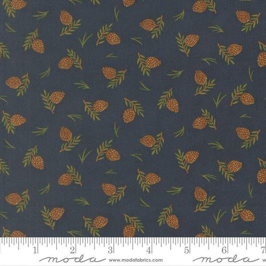Image of Northwoods Lodge Tossed Pinecones Midnight quilting cotton fabric by Deb Strain for Moda Fabrics. Features plants on a blue background. Cute Little Fabric Shop.