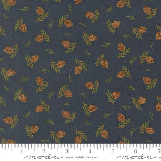 Image of Northwoods Lodge Tossed Pinecones Midnight quilting cotton fabric by Deb Strain for Moda Fabrics. Features plants on a blue background. Cute Little Fabric Shop.
