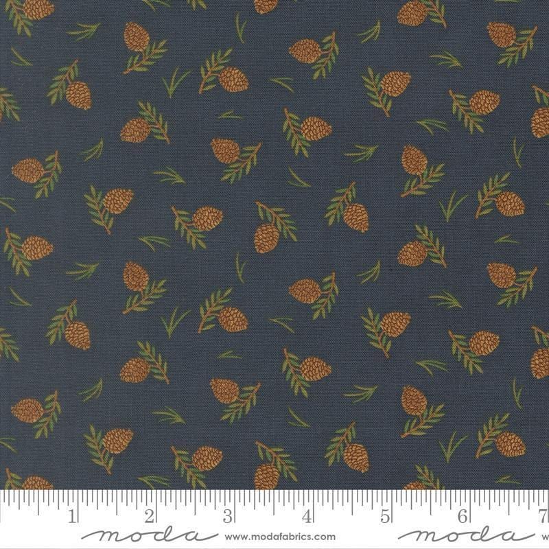 Image of Northwoods Lodge Tossed Pinecones Midnight quilting cotton fabric by Deb Strain for Moda Fabrics. Features plants on a blue background. Cute Little Fabric Shop.