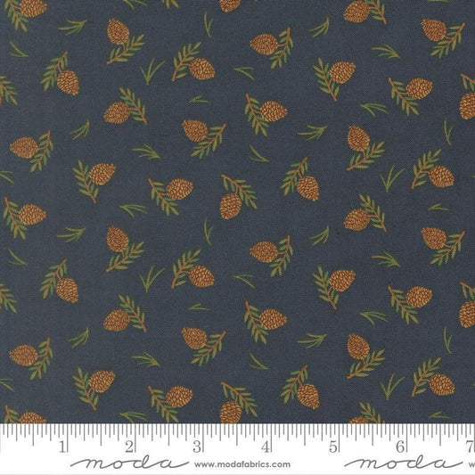 Image of Northwoods Lodge Tossed Pinecones Midnight quilting cotton fabric by Deb Strain for Moda Fabrics. Features plants on a blue background. Cute Little Fabric Shop.